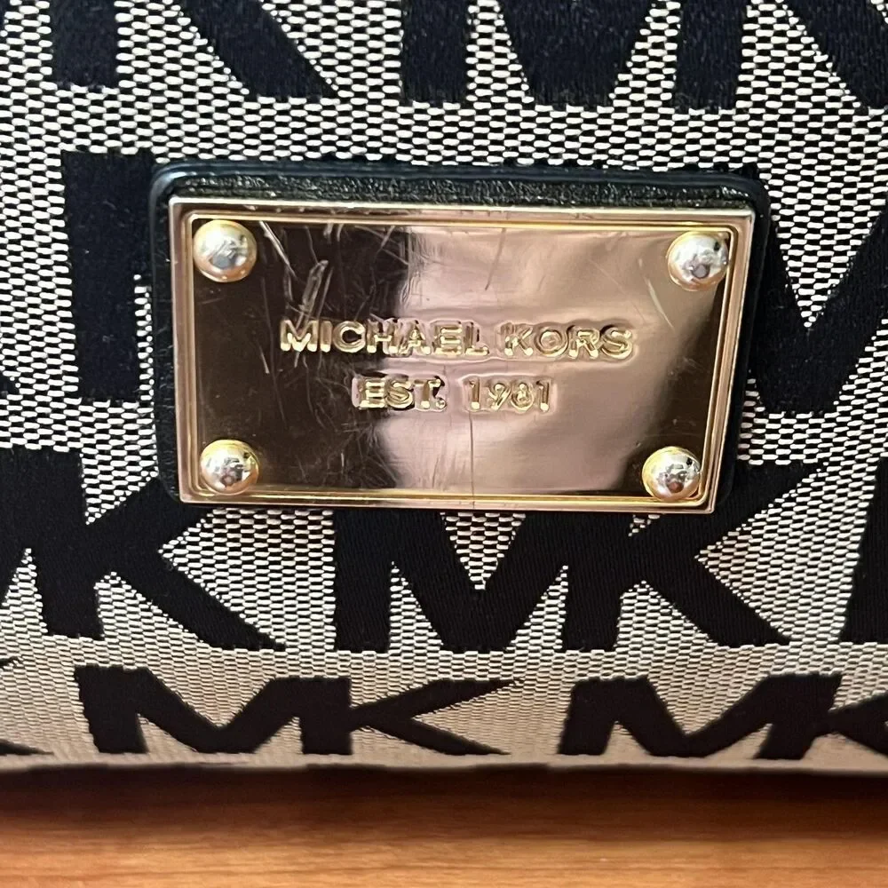 Michael Kors Hobo Bag Womens Large Black Logo Canvas Leather Shoulder Junie - Picture 7 of 13